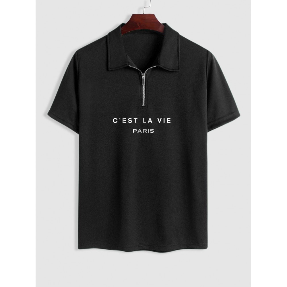 C'EST LA VIE PARIS Print Polo Collared Half Zip T Shirt C'EST LA VIE PARIS Print Polo Collared Half Zip T Shirt