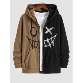 Men's Zip Up Two Tone Colorblock Smile Face Embroidery Halloween Polar Fleece Hoodie Jacket