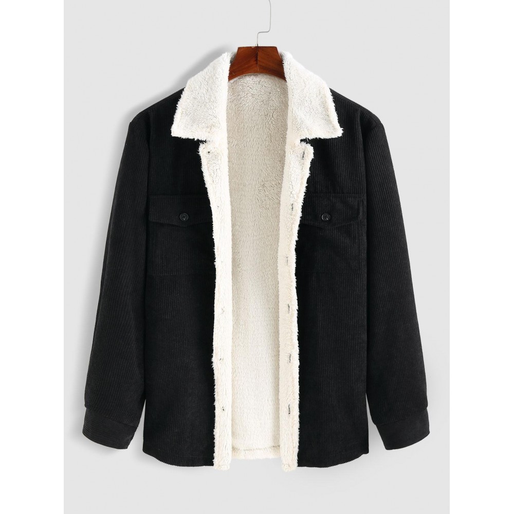 Double Pockets Design Fuzzy Fleece-lined Corduroy Jacket Double Pockets Design Fuzzy Fleece-lined Corduroy Jacket