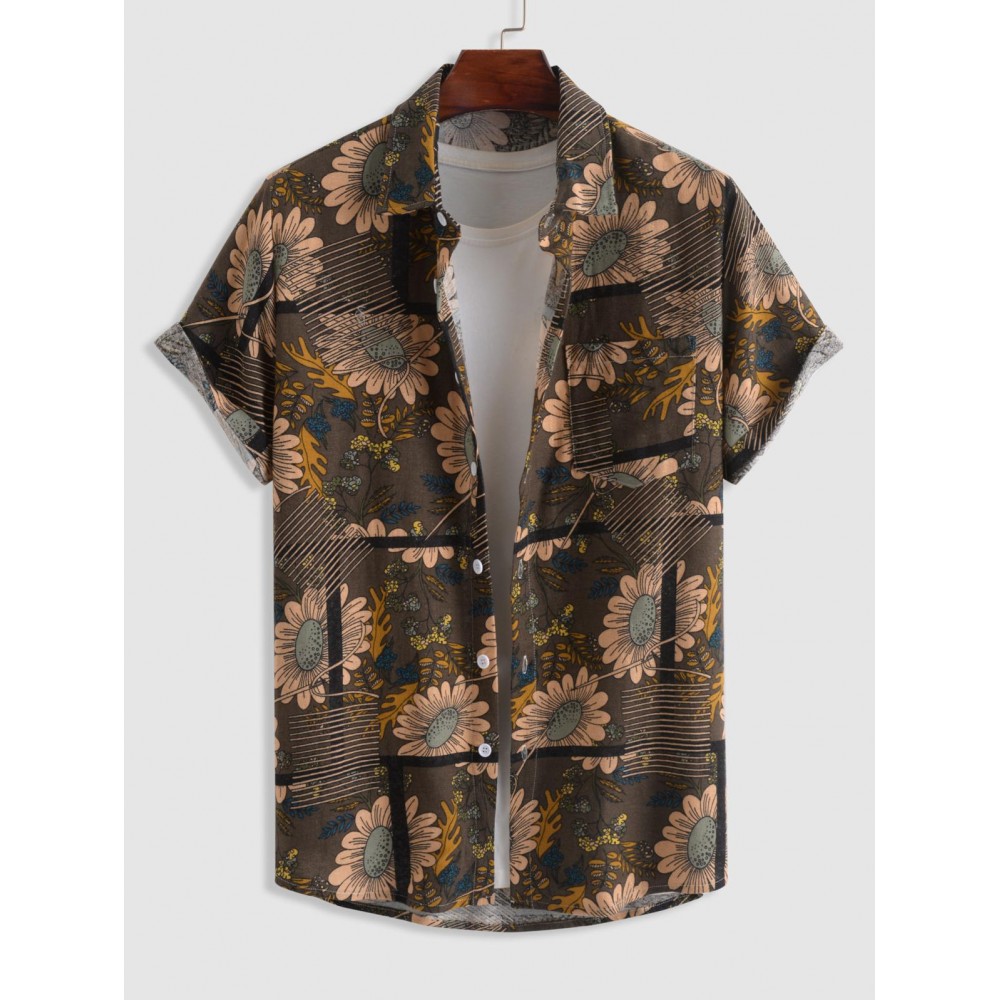 Sunflowers Pattern Cotton and Linen Textured Short Sleeves Shirt Sunflowers Pattern Cotton and Linen Textured Short Sleeves Shirt