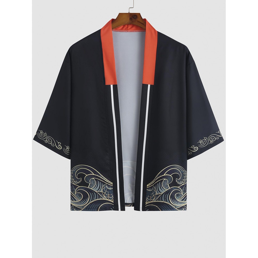 Sea Waves Print Colorblock Collar Casual Kimono Sea Waves Print Colorblock Collar Casual Kimono