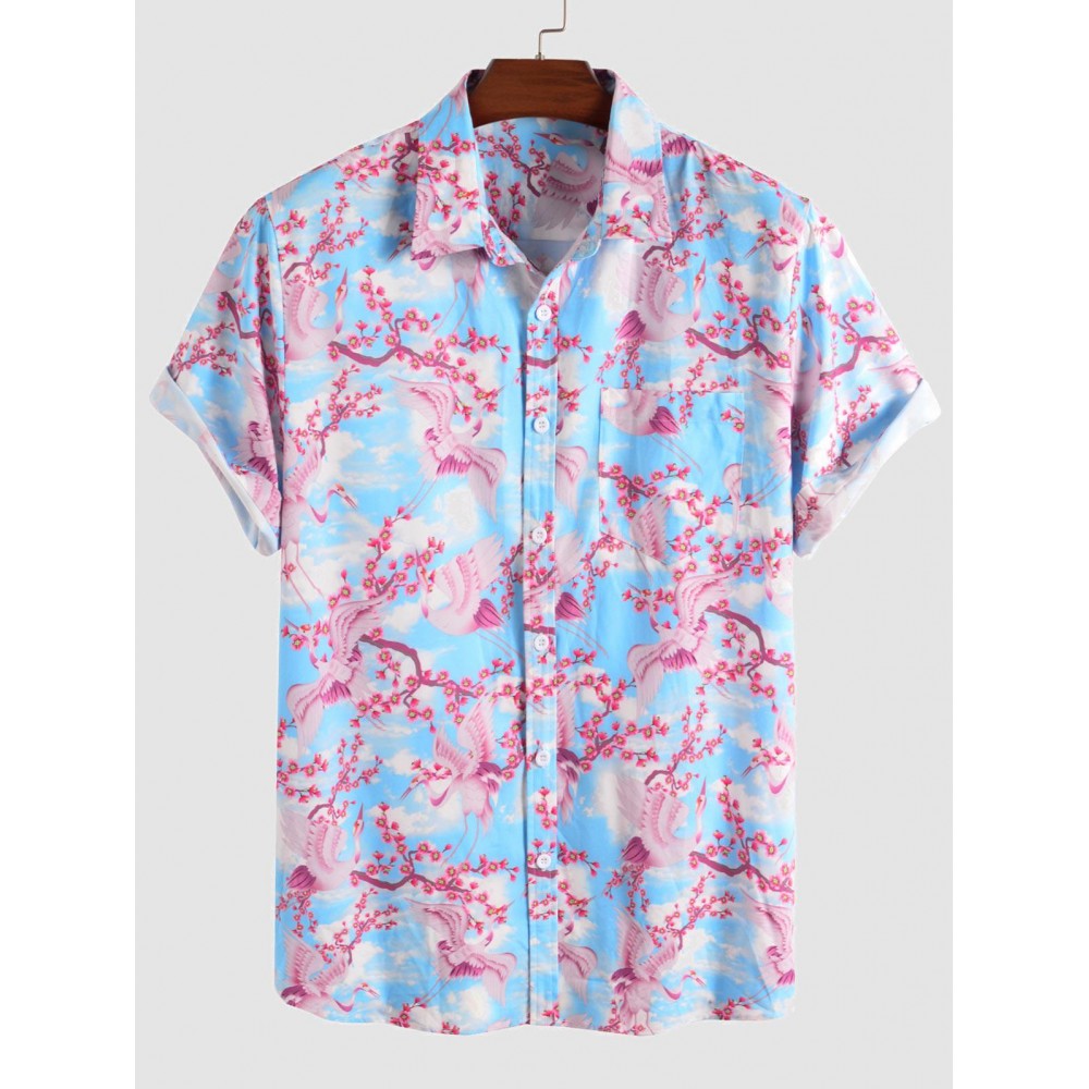 Button Up Floral Crane Print Front Pocket Shirt Button Up Floral Crane Print Front Pocket Shirt